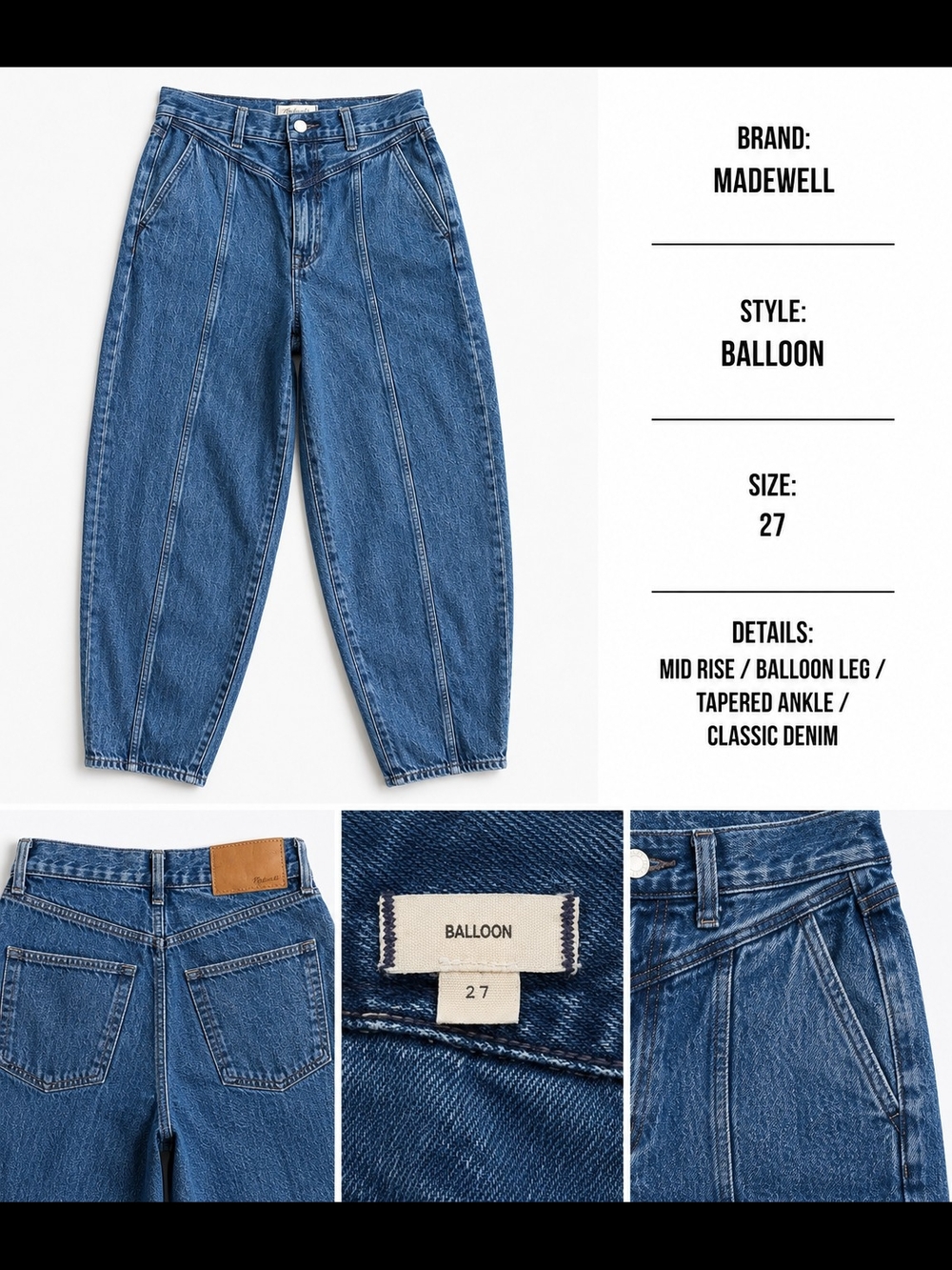 Madewell Balloon Jeans Size 27 High Rise Barrel Leg Denim